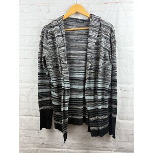 Domani Hooded Sweater Womens XL Black Gray Marled Striped Open Front